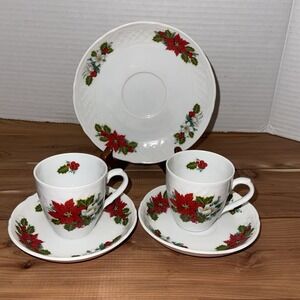 2 E&R Bavaria Schumann Holiday Bouquet Poinsettia Tea Cup & Saucer Christmas Set